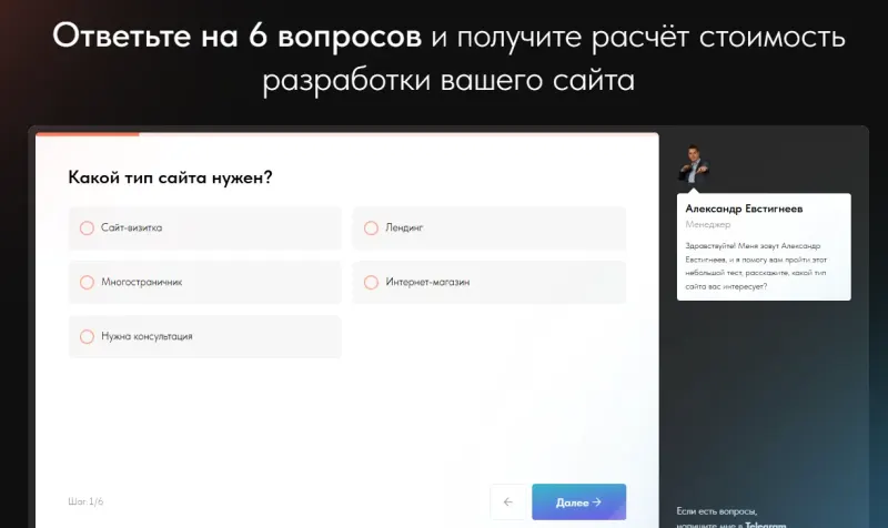 Квиз расчёта стоимости сайта: выбор типа сайта