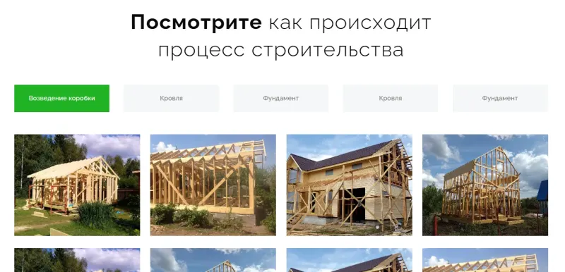 Фото этапов строительства: коробка, кровля, фундамент