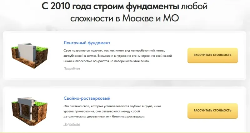 Типы фундаментов с описанием и кнопкой расчёта