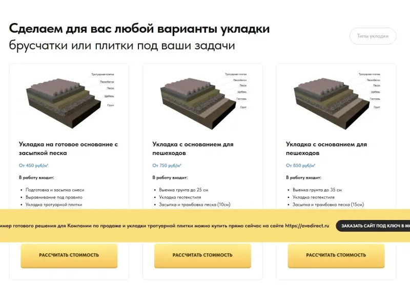 Варианты укладки с составом работ и кнопкой расчёта