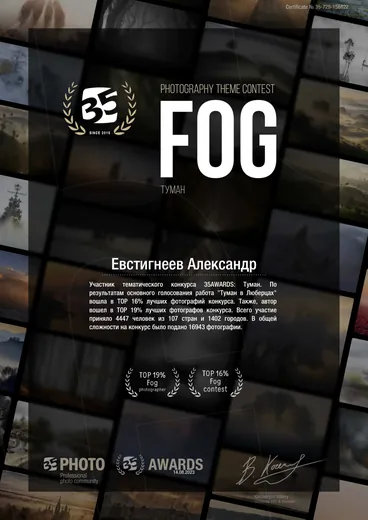 Сертификат участника тематического конкурса 35AWARDS «Туман», Евстигнеев Александр