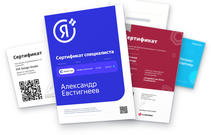 Сертификаты Александра Евстигнеева и AVE Design Studio