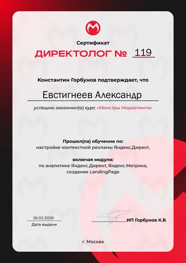Сертификат «Директолог № 119»: курс «Монстры Маркетинга» Константина Горбунова, Александр Евстигнеев