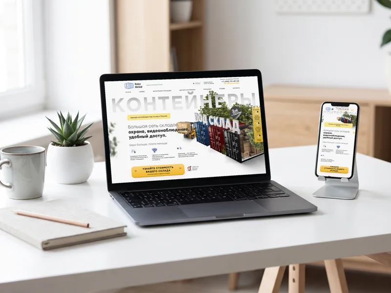 Сайт Easy Sklad (аренда контейнеров) на ноутбуке и телефоне — разработка AVE Design Studio