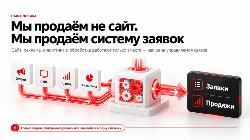 Слайд из презентации AVE Design Studio: Мы продаём не сайт, а систему заявок: оффер, сайт, трафик и аналитика работают как одна связка